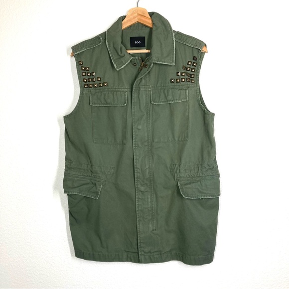 BDG Urban Outfitters Boho Vest Studded Army Green M Distressed Cotton Oversize - Picture 2 of 16